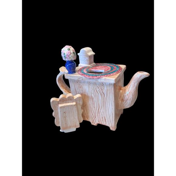 Seymour Mann Teapot Dresser w/Mirror Clock Flowers Socks Tan Brown Blue Vtg EUC - Picture 5 of 8